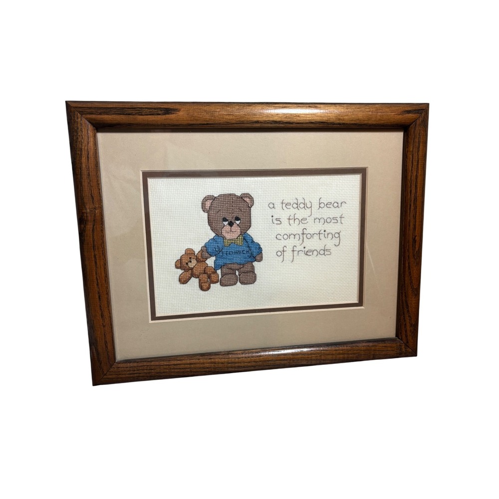 Vintage Teddy Bear Cross Stitch Framed Wall Art Tedrick Nursery DecorCottagecore